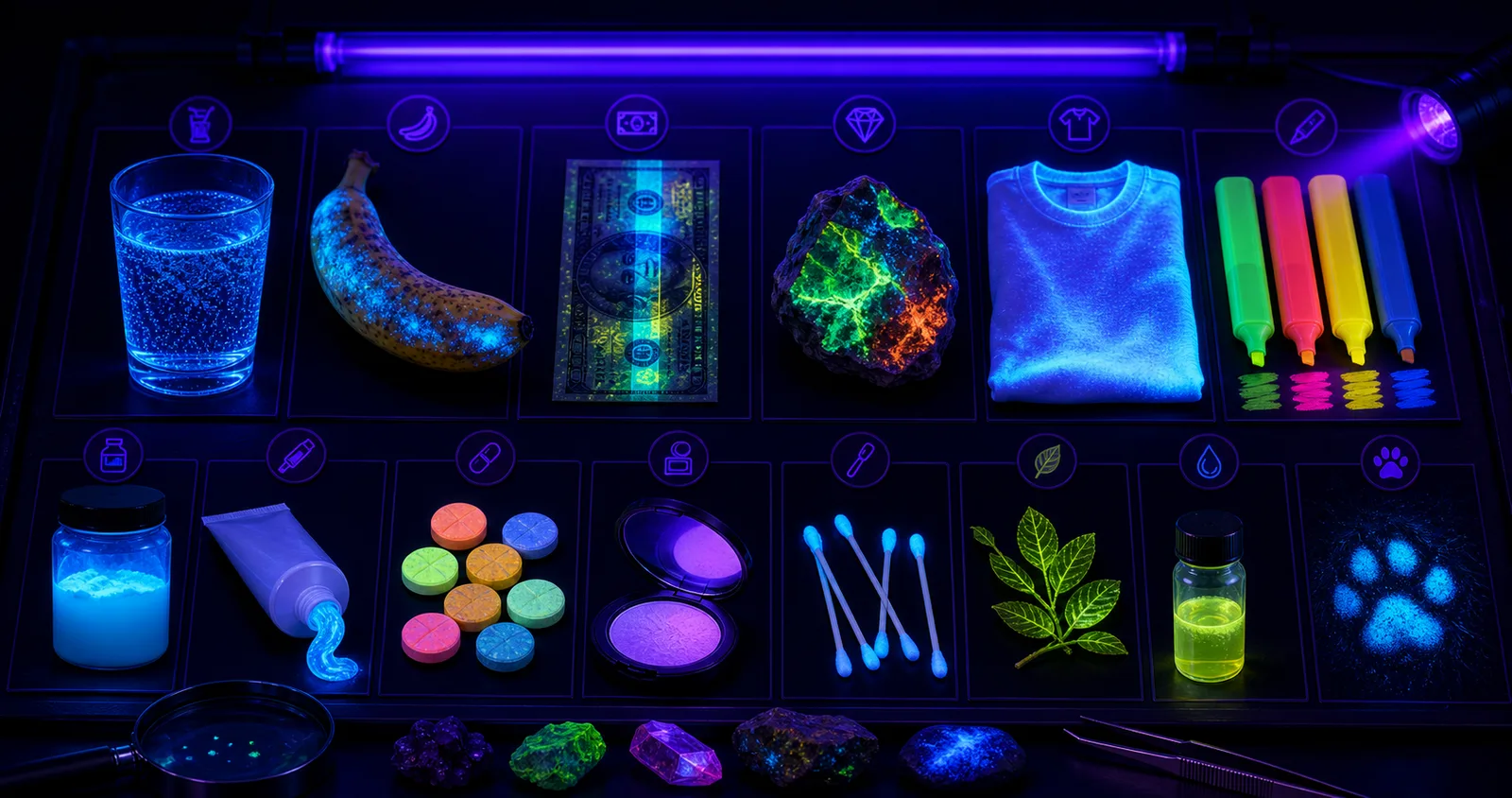 Visual board of blacklight-reactive objects across many categories