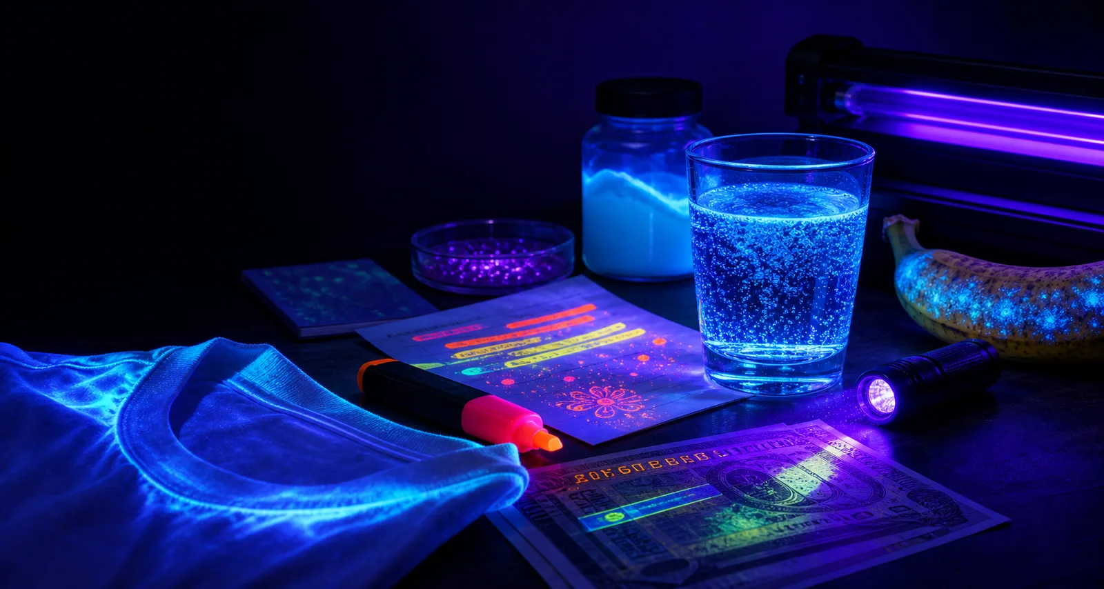 Everyday objects and novelty items glowing under black light