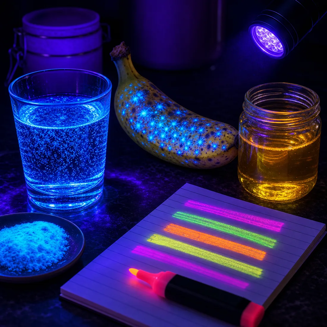 Kitchen and pantry items glowing under black light