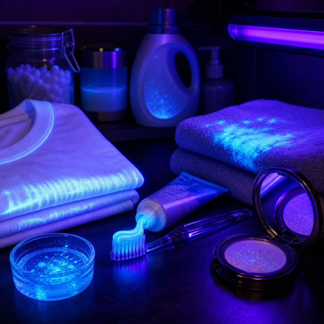 Laundry and bathroom items glowing under black light