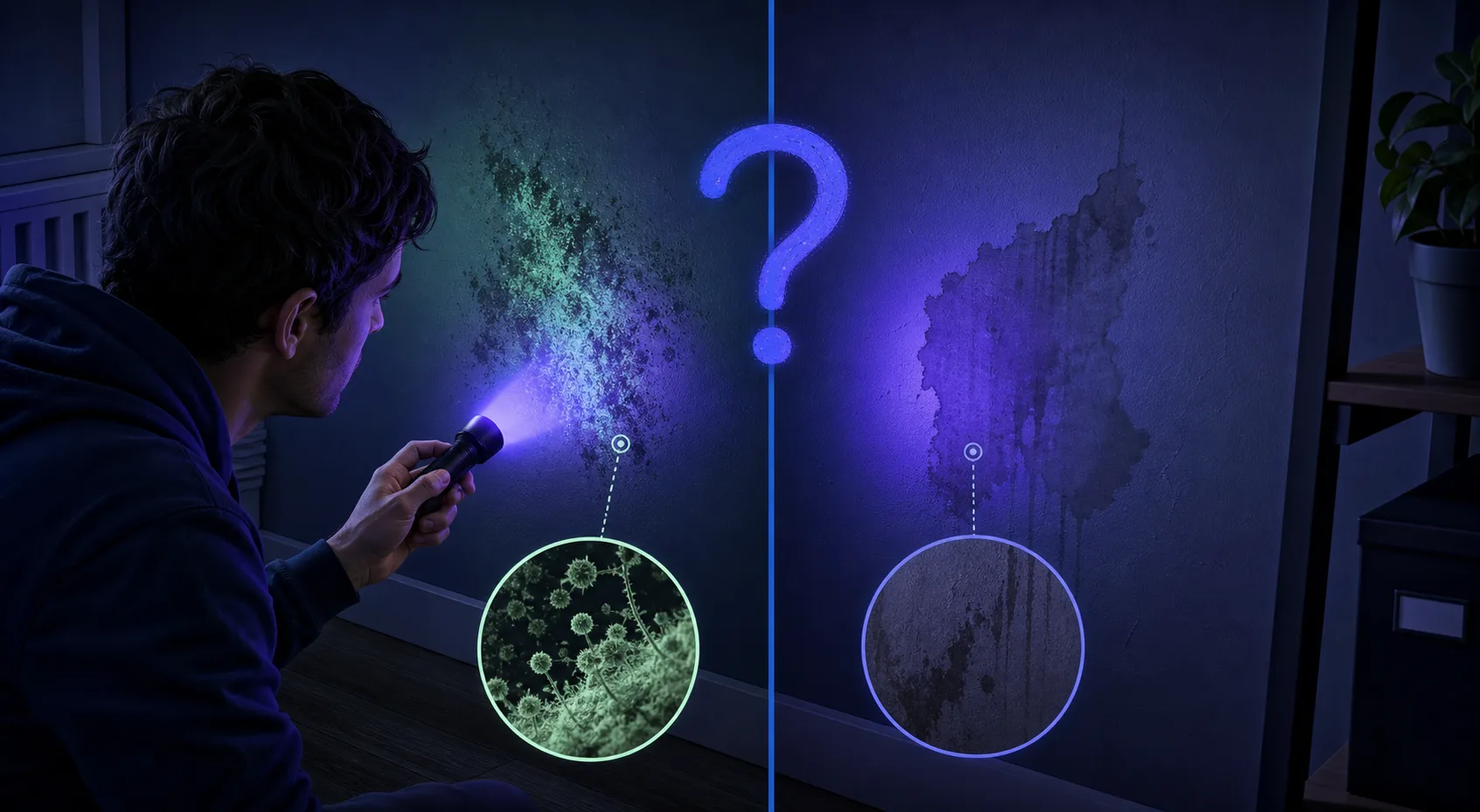 A person testing a wall patch with a UV flashlight while questioning whether it is mold or just a stain