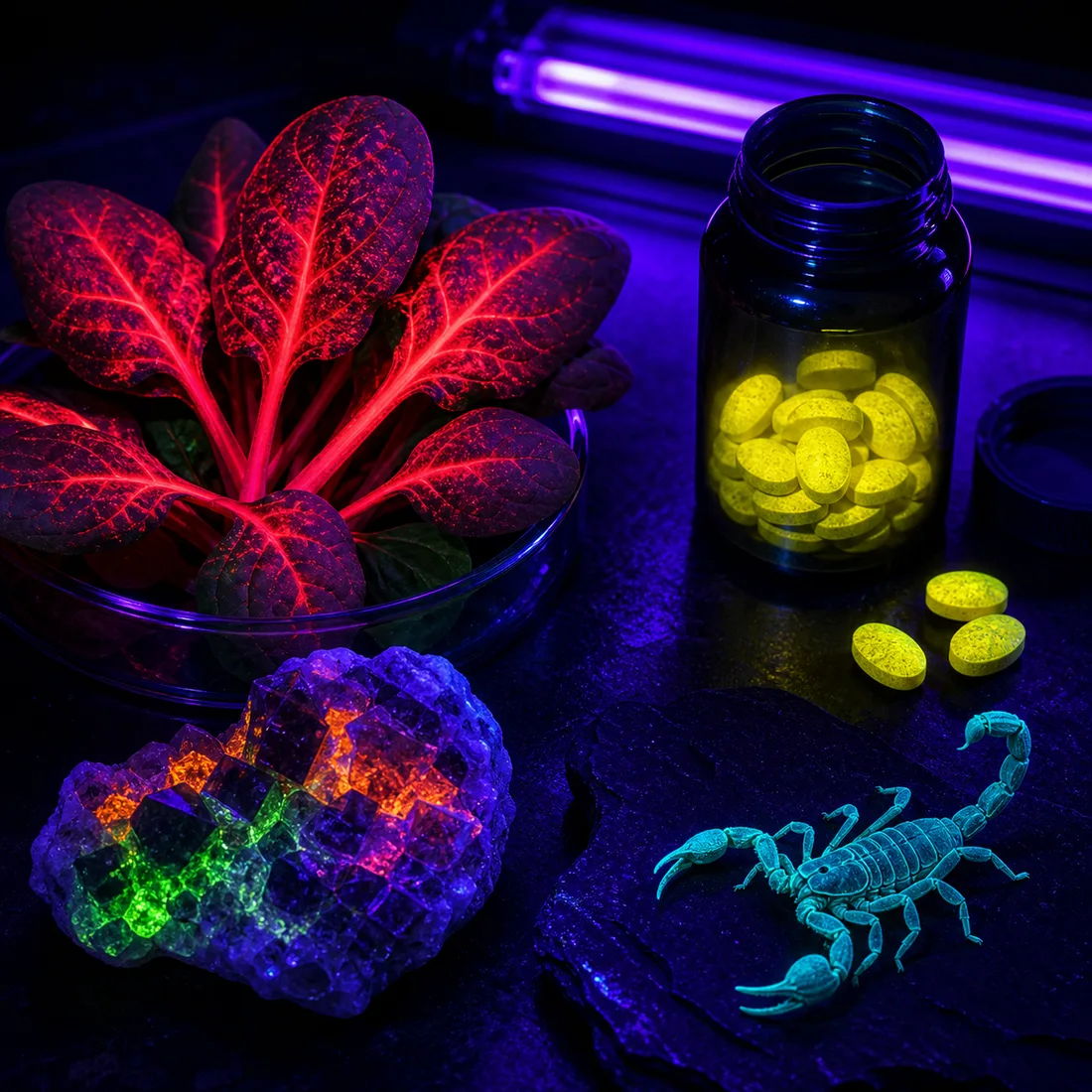 Nature and science items glowing under black light