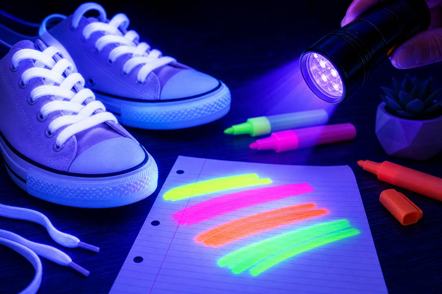 White sneakers and neon highlighter marks glowing under a blacklight