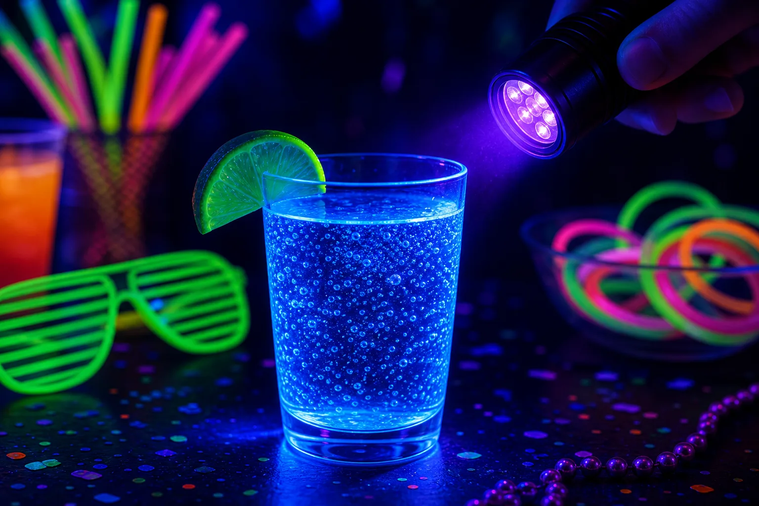 Tonic water glowing electric blue under a UV flashlight on a party table