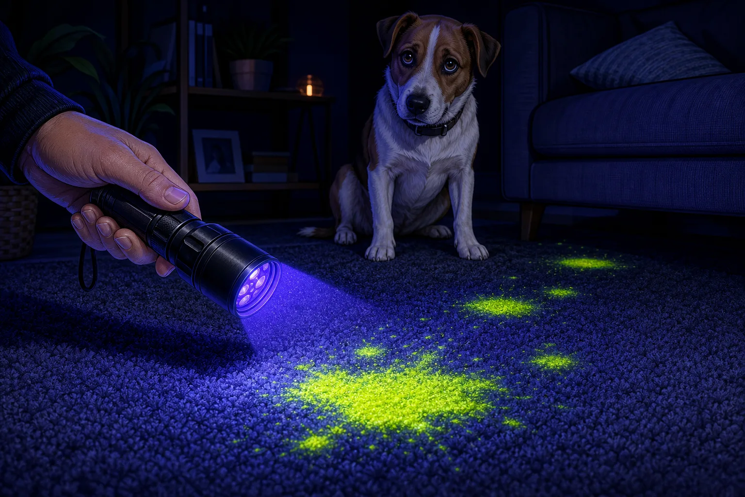 A UV flashlight revealing glowing urine stains on carpet while a dog watches in the background