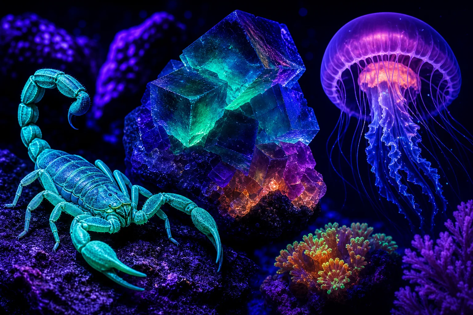 Glowing scorpion, fluorescent minerals, and jellyfish-like marine fluorescence under blacklight