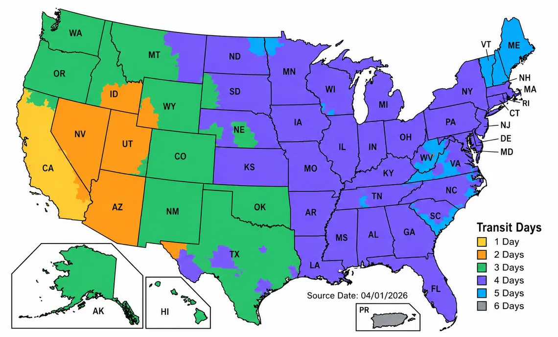 UPS Ground transit map showing estimated shipping days from Blinkee.com by United States region.