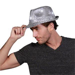 LED Flashing Fedora Hat with Silver Sequins LED Flashing Fedora Hat with Silver Sequins