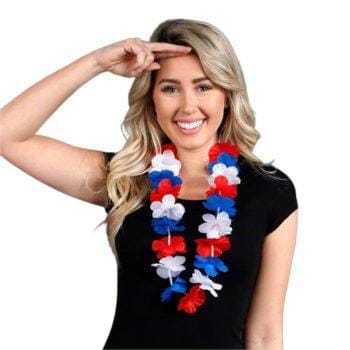Hawaiian Flower Lei Necklace Red White and Blue 4th of July