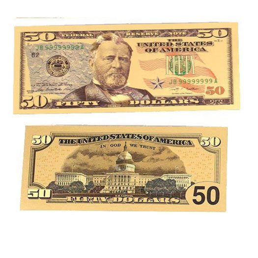 50 American Dollar Bill 24k Gold Art Collectibles Plated Fake Banknote Currency for Decoration 24K Gold and Silver Plated Replica Bills