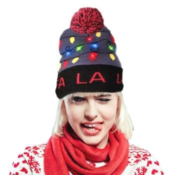 Light Up Fa La La Knit Red Black Pom Pom Beanie Hat Pack of 6 All Products