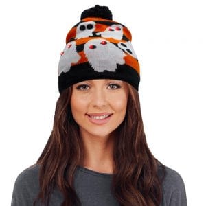 Light Up Ghost Knit Pom Pom Beanie Hat Pack of 6 Light Up Ghost Knit Pom Pom Beanie Hat Pack of 6