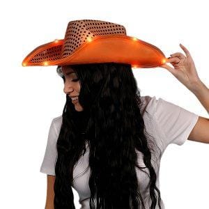 LED Flashing Cowboy Hat with Orange Sequins LED Flashing Cowboy Hat with Orange Sequins