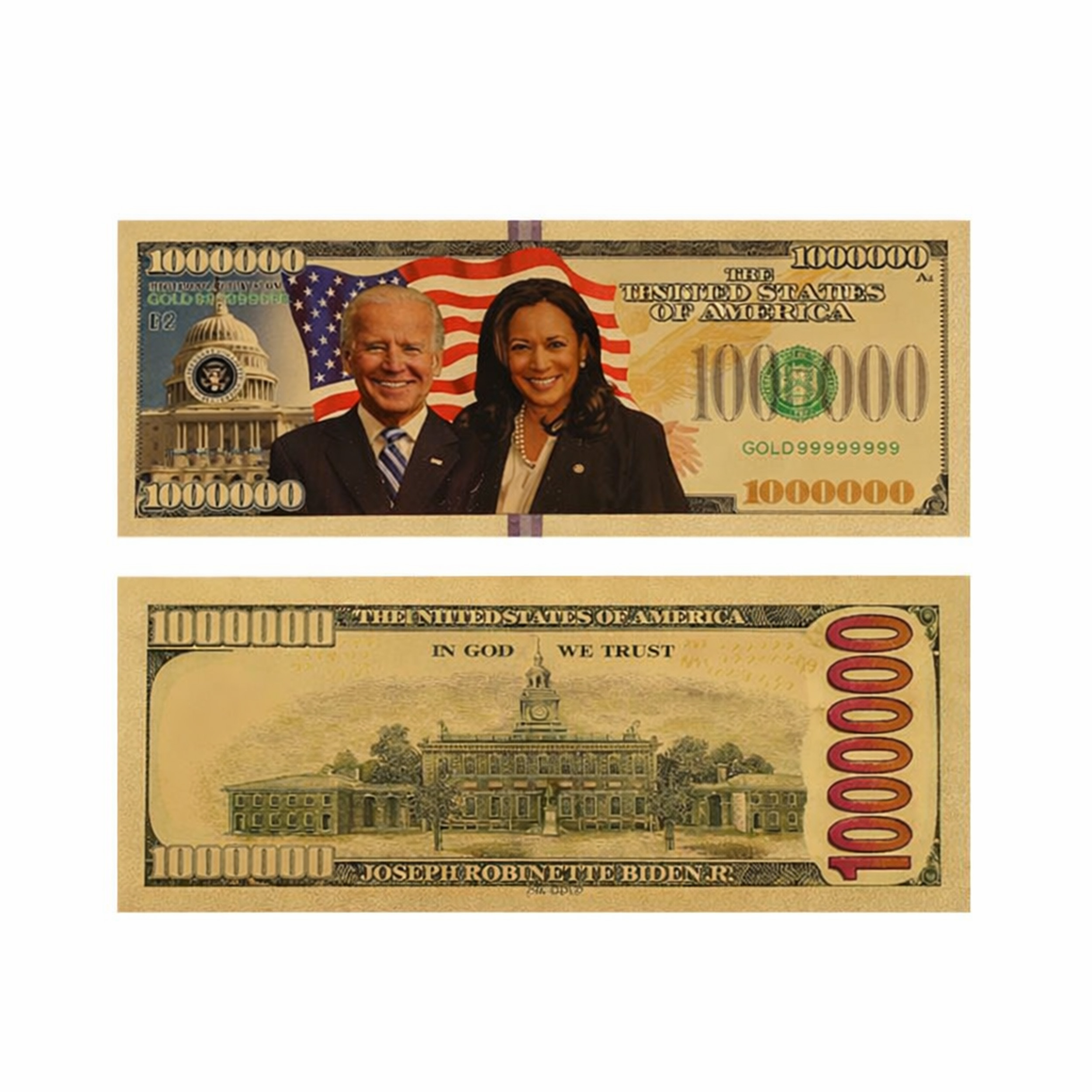 Joe Bidden Kamala Harris Tandem 24k Gold Plated Bill Collectible Banknotes for Decoration 24K Gold and Silver Plated Replica Bills Joe Bidden Kamala Harris Tandem 24k Gold Plated Bill Collectible Banknotes for Decoration 24K Gold and Silver Plated Replica Bills