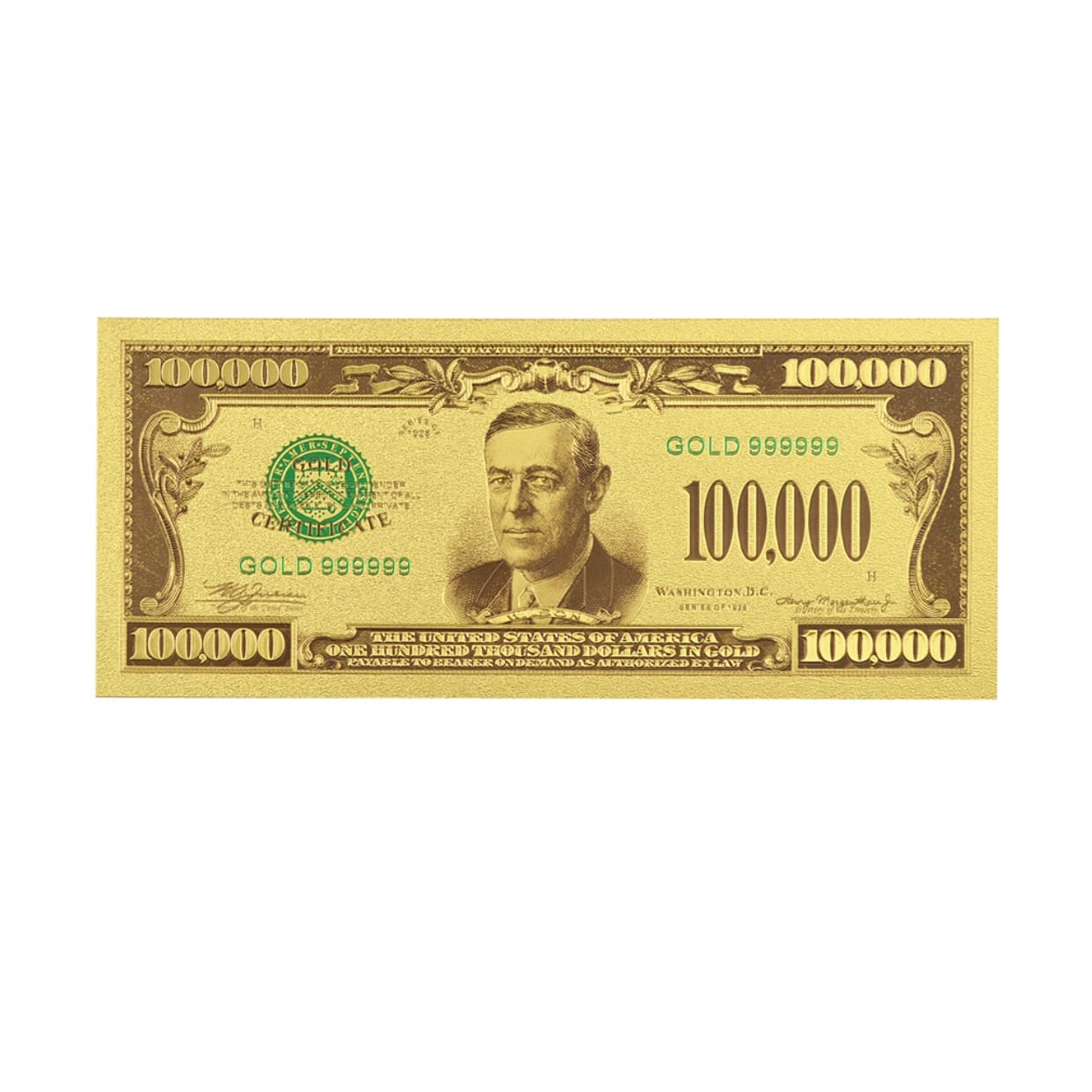 One Hundred Thousand US Dollars 24K Gold Plated Collectible Fake Banknotes for Decoration 24K Gold and Silver Plated Replica Bills One Hundred Thousand US Dollars 24K Gold Plated Collectible Fake Banknotes for Decoration 24K Gold and Silver Plated Replica Bills