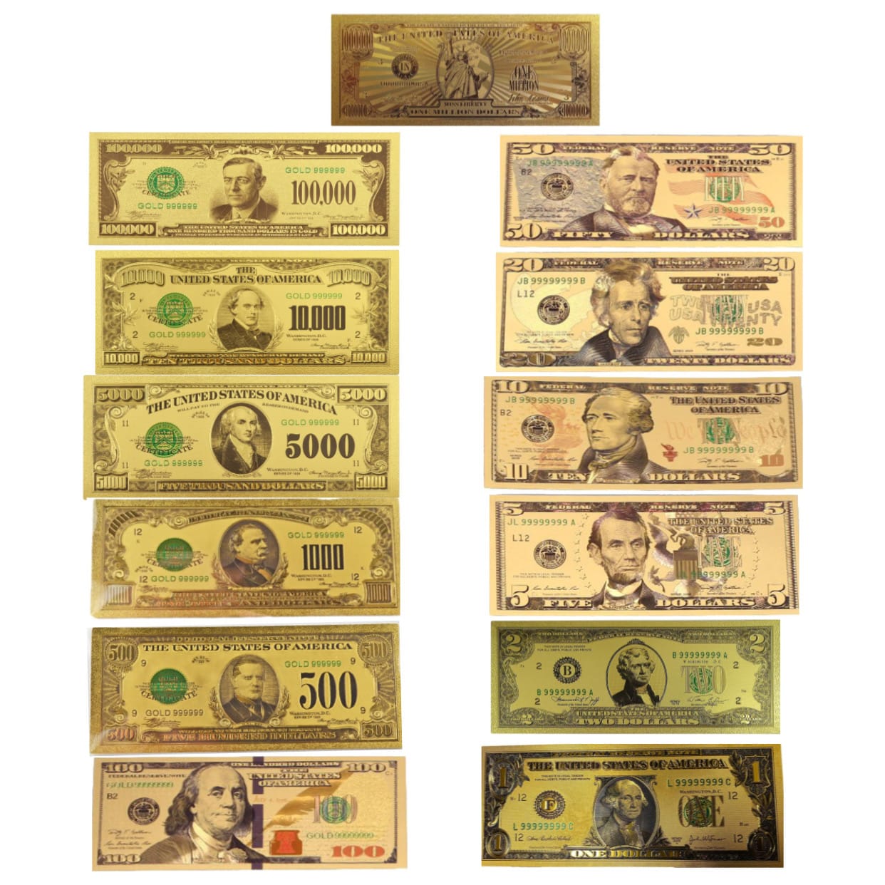 Mega Max 24K Gold Plated US Dollar Fake Banknotes Set of 13 Timeless Collection Protector Sold Separately 24K Gold and Silver Plated Replica Bills Mega Max 24K Gold Plated US Dollar Fake Banknotes Set of 13 Timeless Collection Protector Sold Separately 24K Gold and Silver Plated Replica Bills
