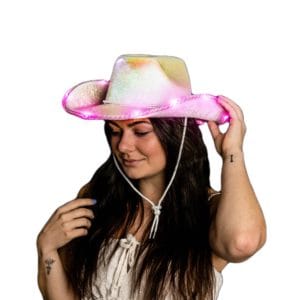 Light Up Glorious Luminous White Sheen Metallic Space Cowgirl Hat with Pink LEDs Light Up Glorious Luminous White Sheen Metallic Space Cowgirl Hat with Pink LEDs