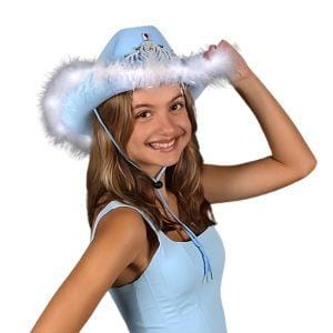 Royal Rodeo LED Velvet Pastel Blue Cowgirl Hat with Feather Brim and Tiara Royal Rodeo LED Velvet Pastel Blue Cowgirl Hat with Feather Brim and Tiara