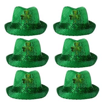 Pack of 6 LED Flashing Fedora Hat with Green Shamrock Sequins All Products