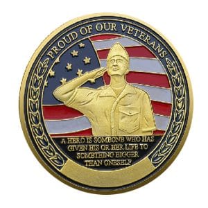 Gold Plated Veterans Tribute Challenge Coin Saluting Soldier and USA Flag Design