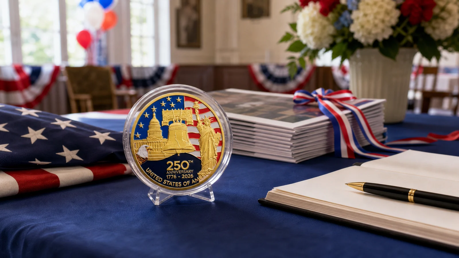 Independence Edition 250th Anniversary coin on a civic event welcome table with programs and patriotic ribbon
