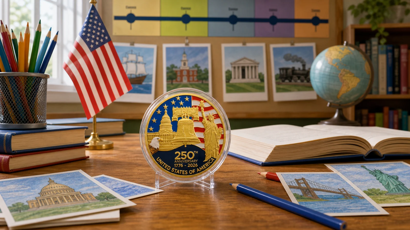 Independence Edition 250th Anniversary coin on a classroom history table with books, cards, and a small flag