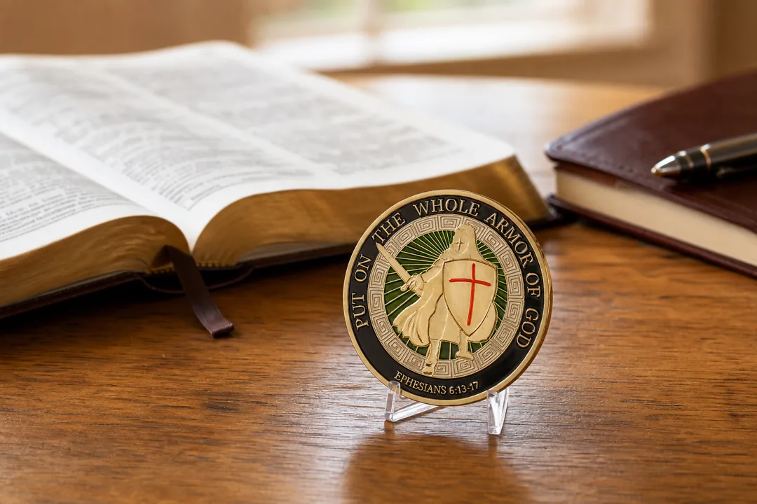 Armor of God Christian challenge coin displayed beside an open Bible and notebook on a wood table