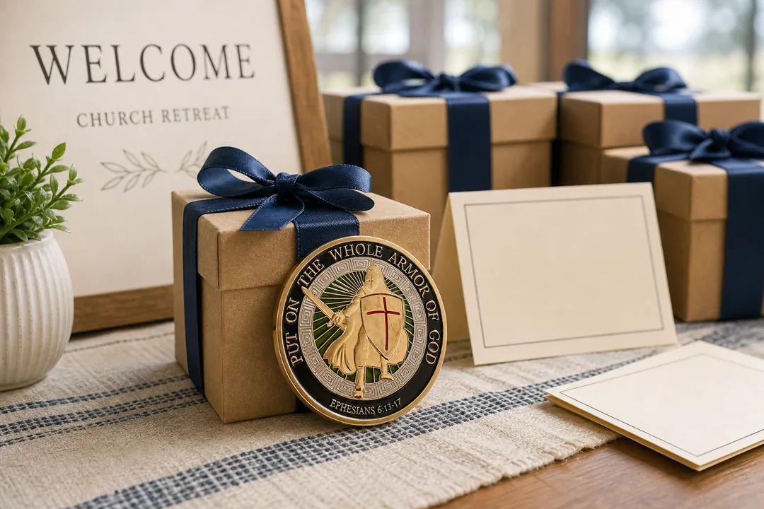 Armor of God Christian challenge coin leaning against a small retreat gift box with blank cards nearby