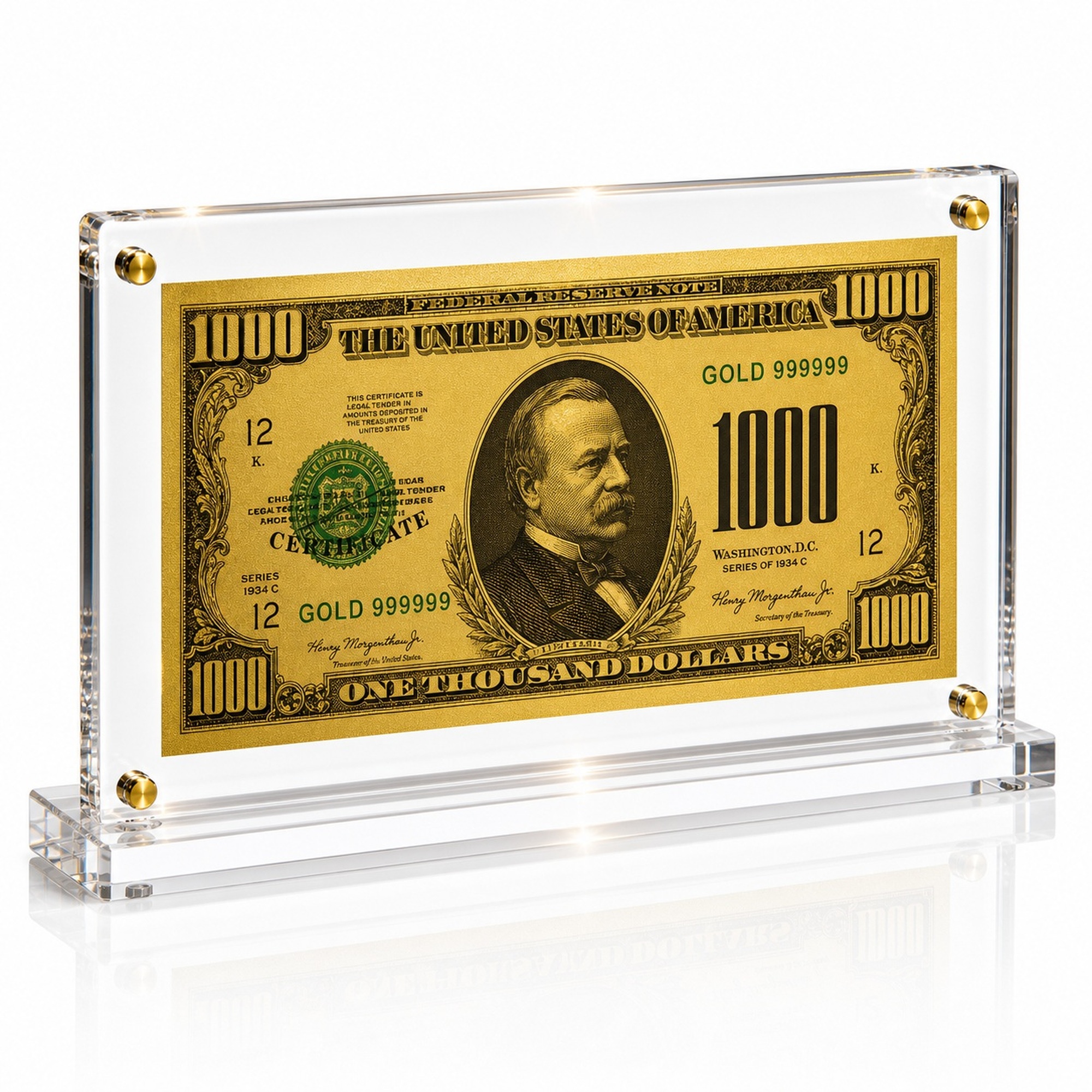 1,000 Dollar Gold Foil Bill with Acrylic Display Stand Gold Foil Bill Displays 1,000 Dollar Gold Foil Bill with Acrylic Display Stand Gold Foil Bill Displays