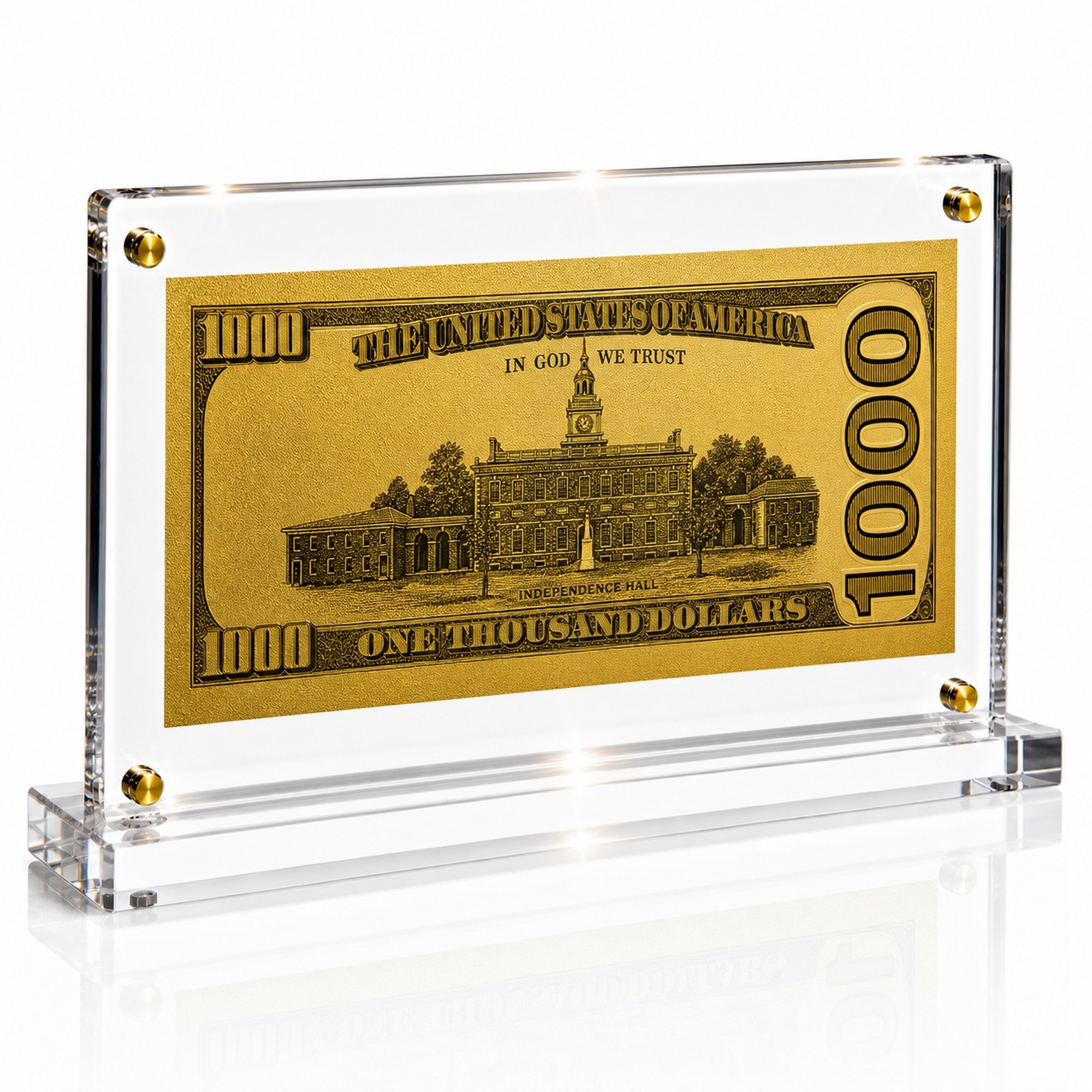 1,000 Dollar Gold Foil Bill with Acrylic Display Stand Gold Foil Bill Displays 1,000 Dollar Gold Foil Bill with Acrylic Display Stand Gold Foil Bill Displays 2