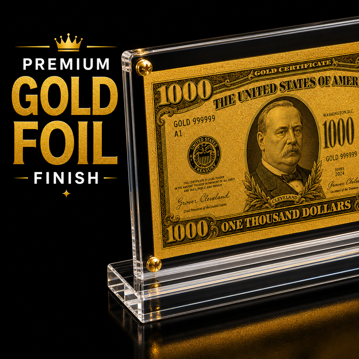 1,000 Dollar Gold Foil Bill with Acrylic Display Stand Gold Foil Bill Displays 1,000 Dollar Gold Foil Bill with Acrylic Display Stand Gold Foil Bill Displays 3
