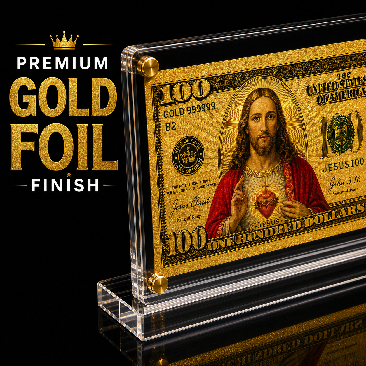 Jesus 100 Dollar Gold Foil Bill with Acrylic Display Stand Gold Foil Bill Displays Jesus 100 Dollar Gold Foil Bill with Acrylic Display Stand Gold Foil Bill Displays 3