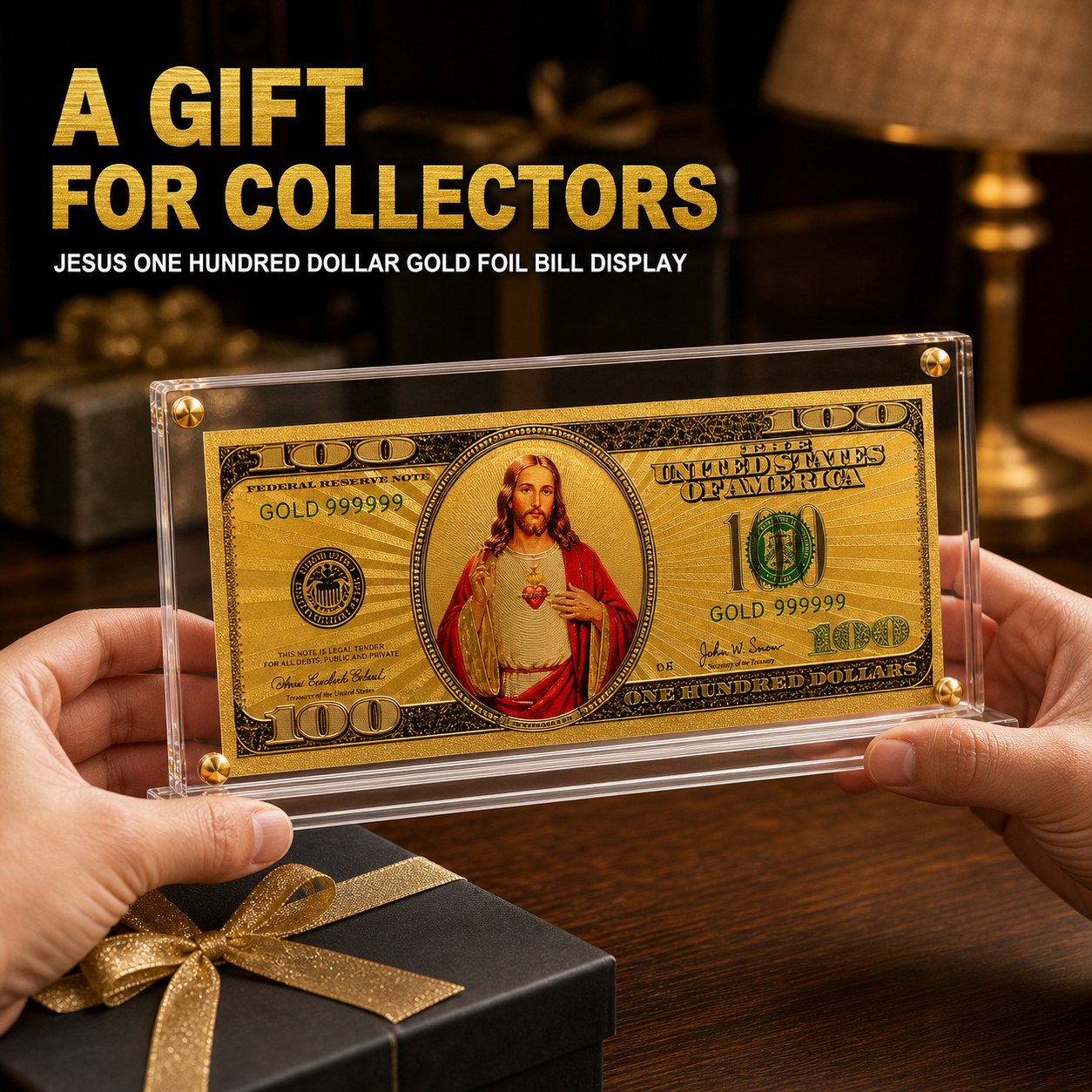 Jesus 100 Dollar Gold Foil Bill with Acrylic Display Stand Gold Foil Bill Displays Jesus 100 Dollar Gold Foil Bill with Acrylic Display Stand Gold Foil Bill Displays 4