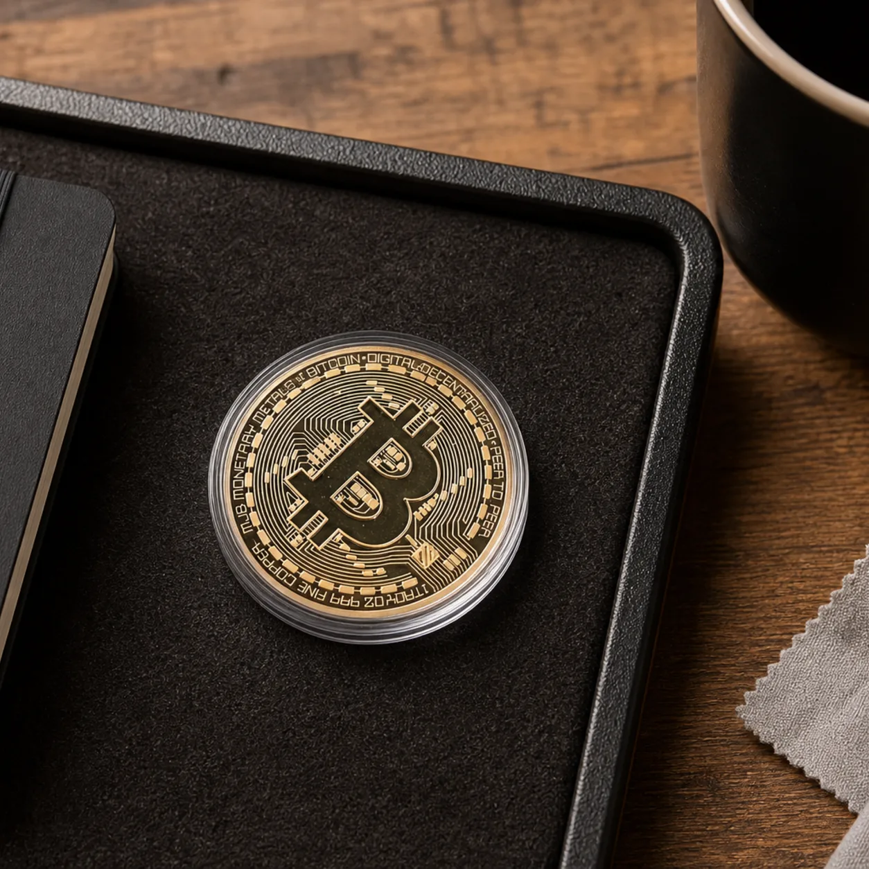 Gold and black Bitcoin novelty coin in protective case on a felt tray beside a microfiber cloth