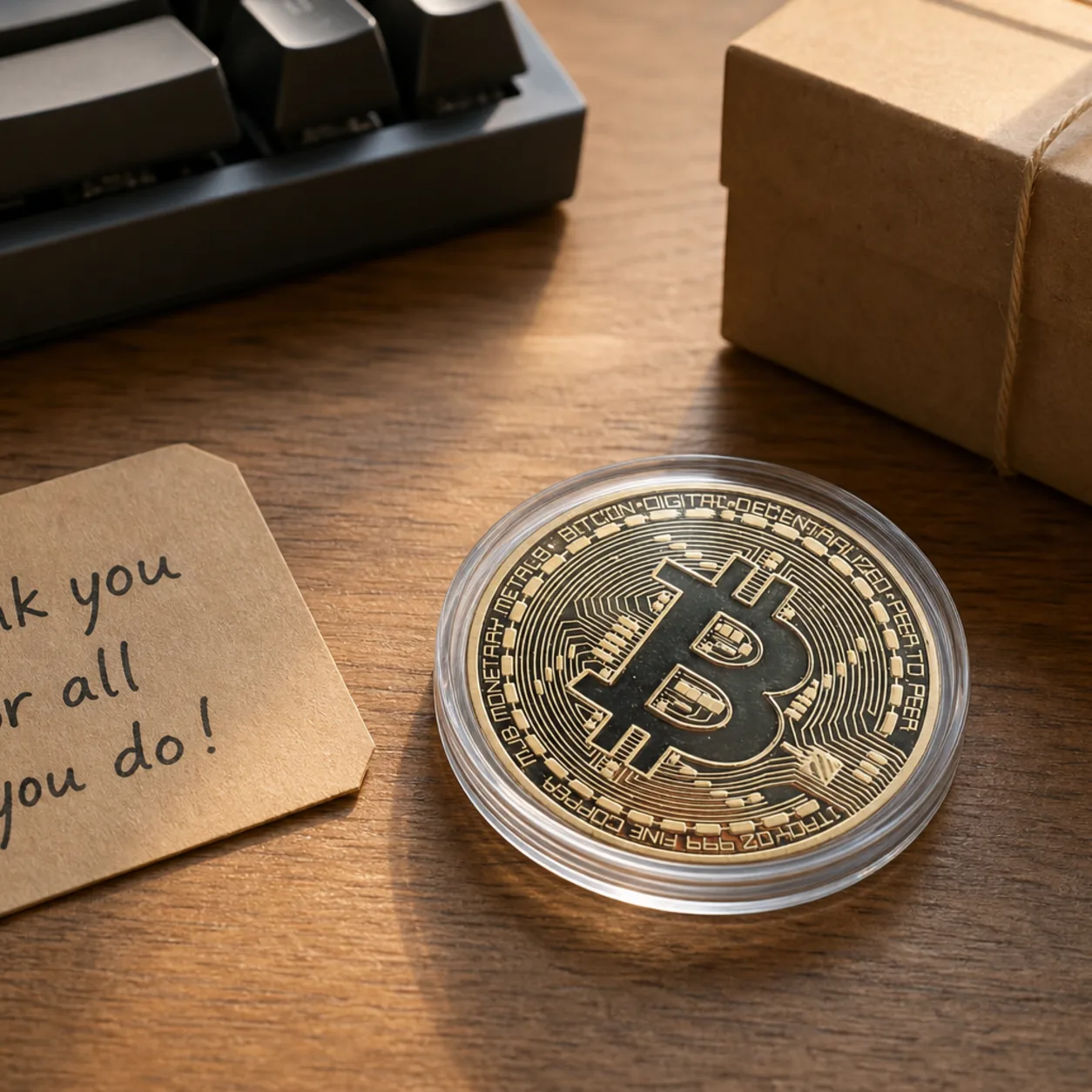 Physical Bitcoin novelty coin in clear case beside a keyboard and kraft gift box