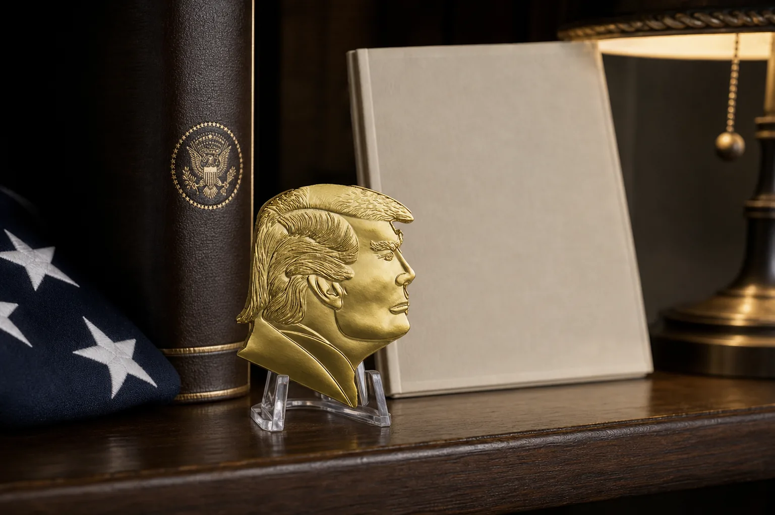 Donald Trump head sculpture coin on a clear easel in a walnut political memorabilia display