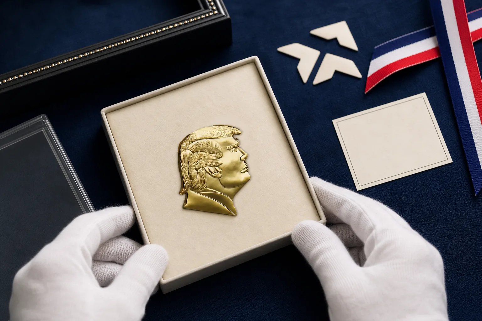 Gloved collector arranging a Donald Trump head sculpture coin for a shadow box