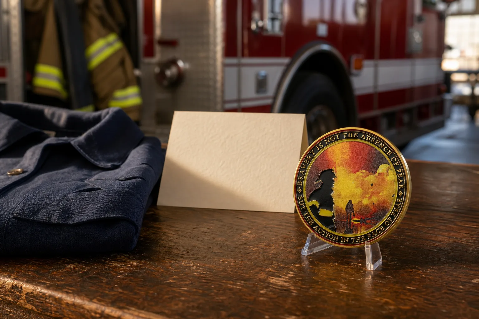 Firefighter Courage Tribute coin on a clear stand beside a retirement card and folded station shirt