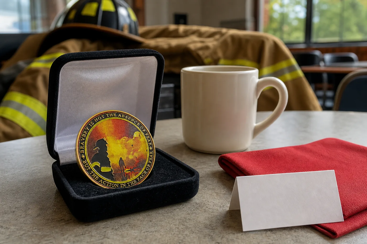 Firefighter Courage Tribute coin in a presentation case at a volunteer fire department breakfast