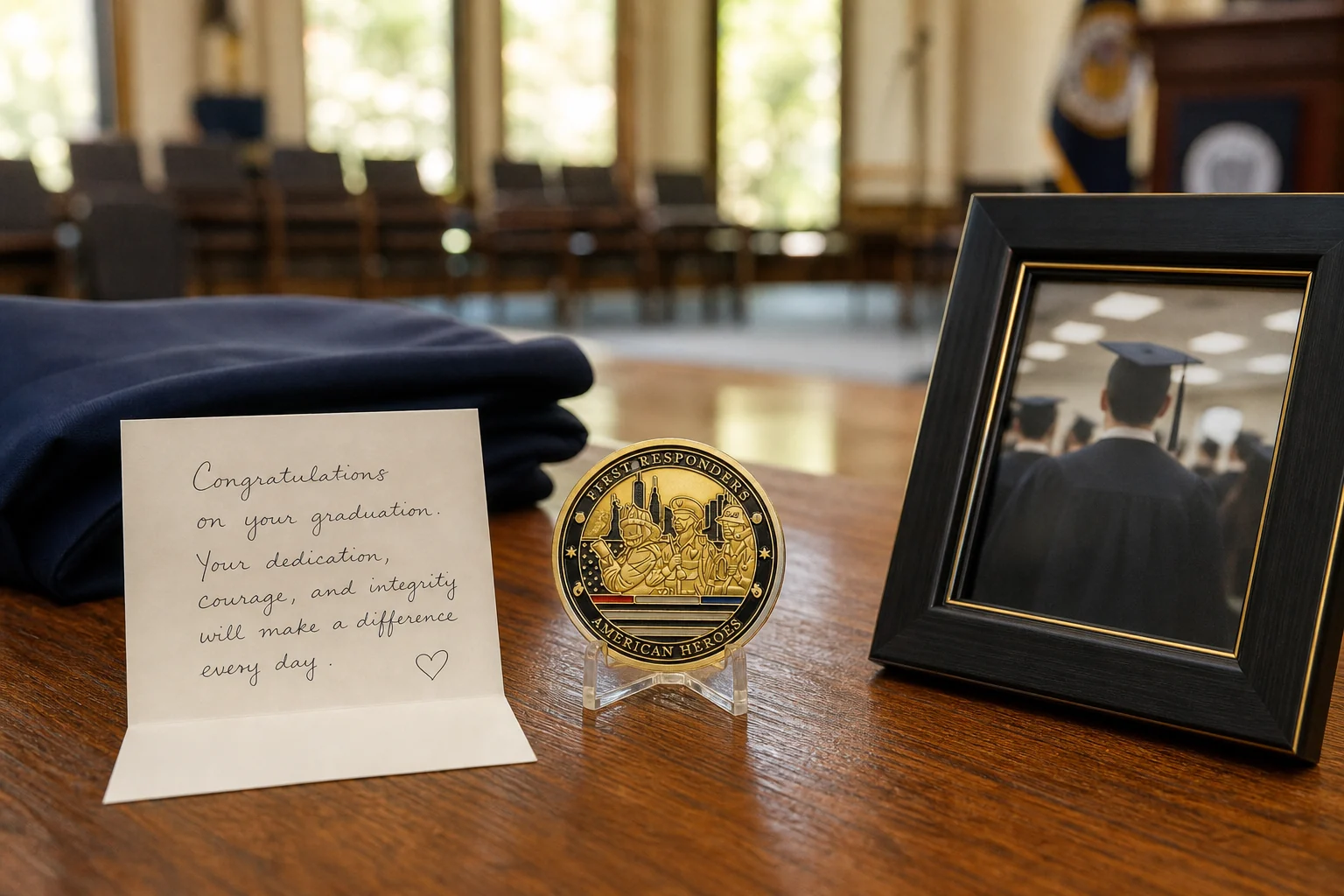 American Heroes first responder coin displayed beside a graduation card and framed academy photograph