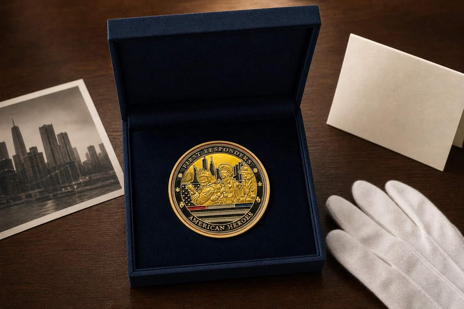 American Heroes first responder coin arranged in a navy retirement keepsake box with cotton gloves