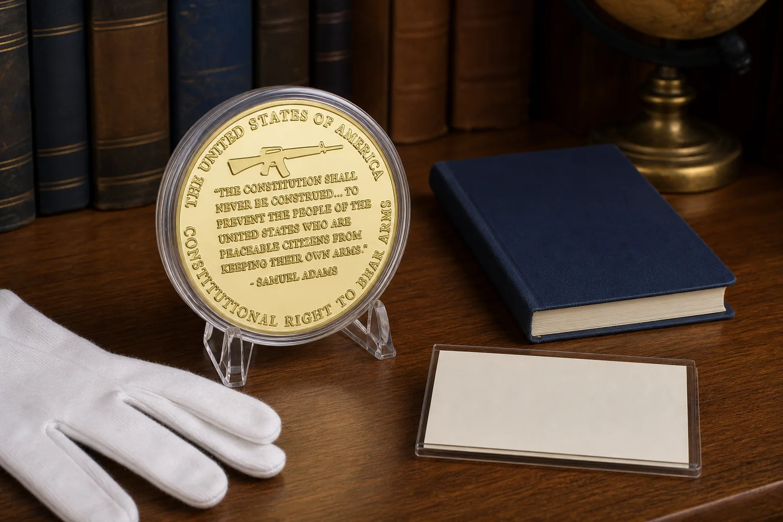 Reverse of the Second Amendment coin on a walnut constitutional-history display with cotton gloves and blank label