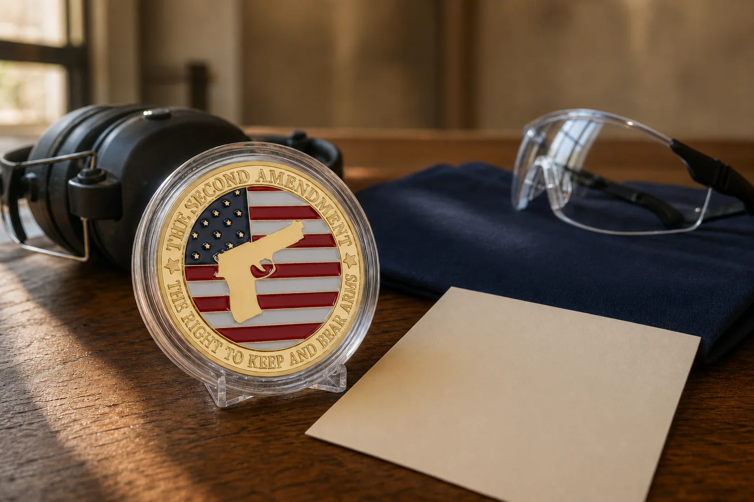 Second Amendment challenge coin displayed with hearing protection, safety glasses, navy cloth, and a blank thank-you card