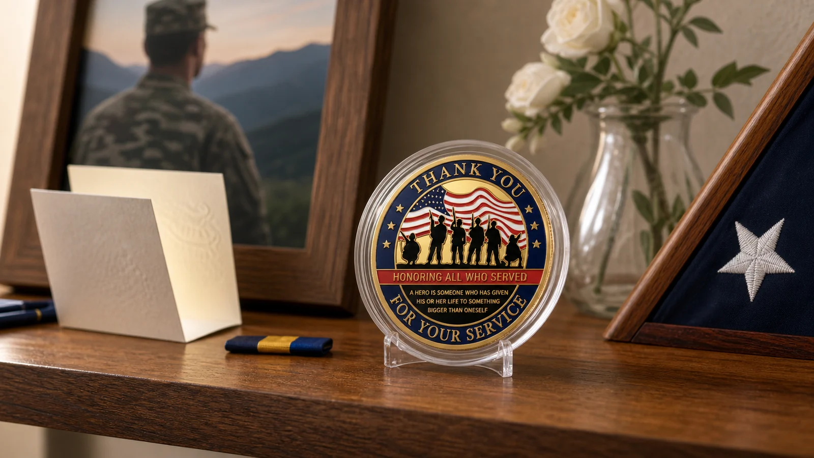 Thank You for Your Service challenge coin on a family memory shelf with a framed service photo and card