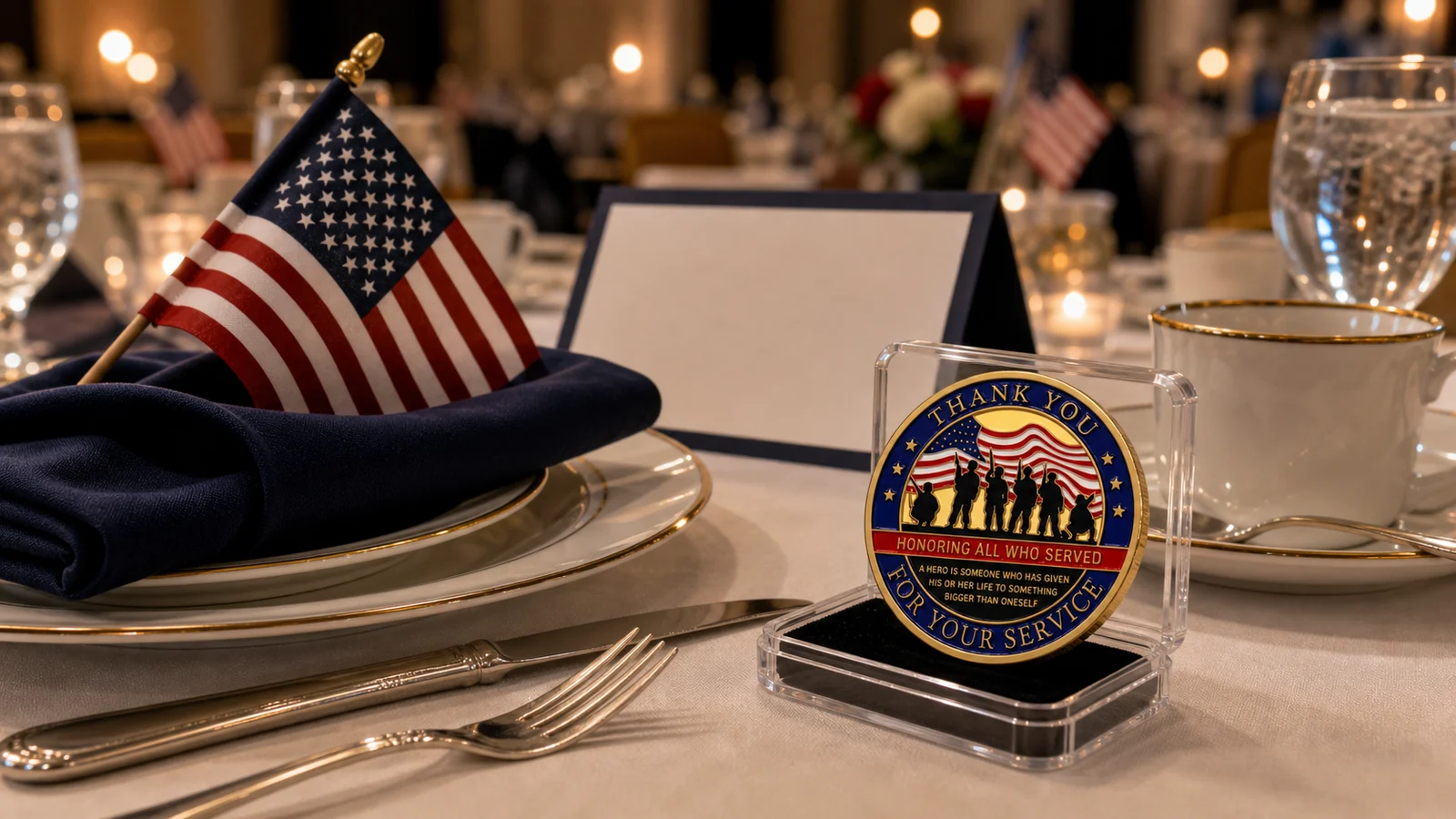 Thank You for Your Service challenge coin at a Veterans Day breakfast place setting with a small flag