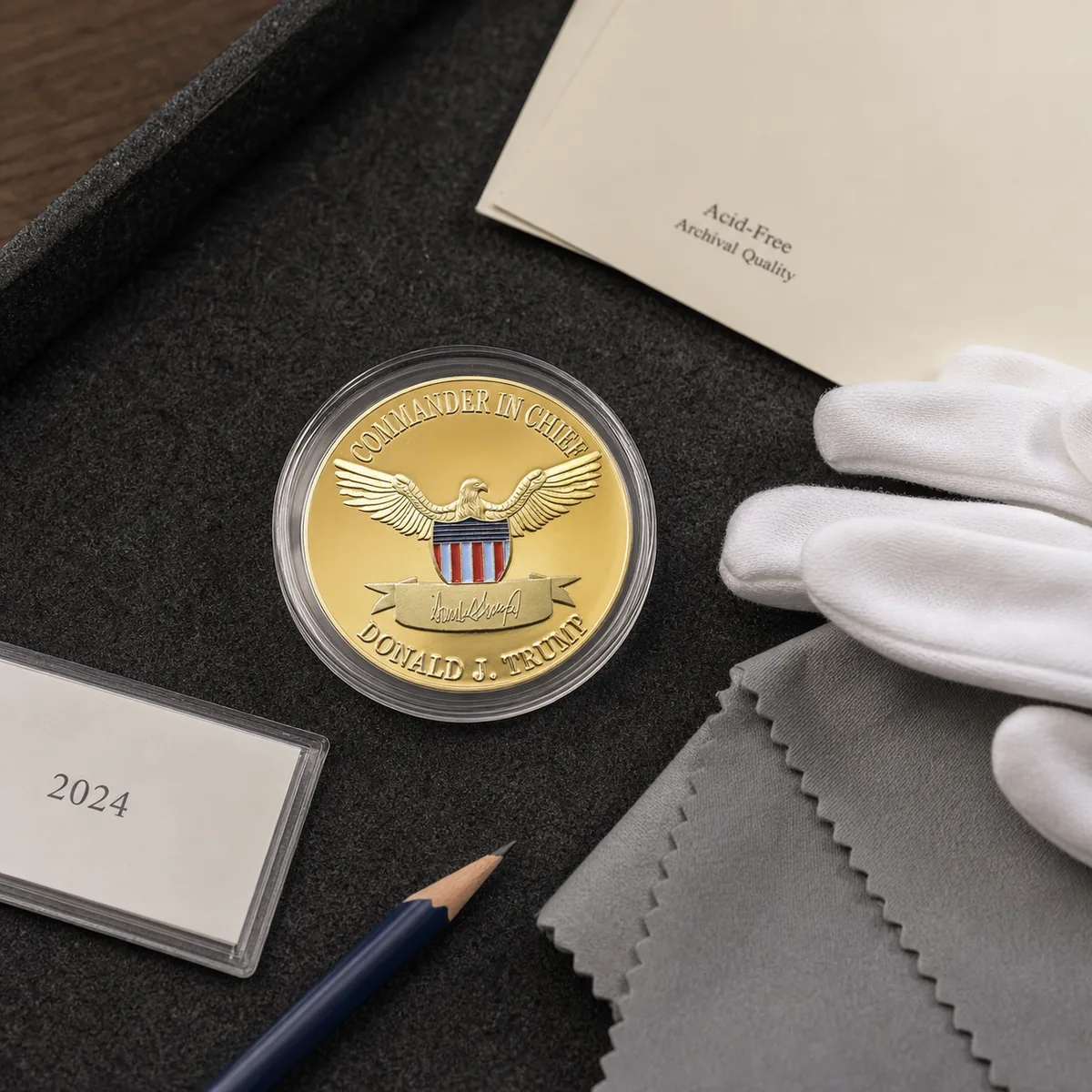 Reverse of the Trump 2024 coin on a felt cataloging tray with gloves cloth pencil and archival label