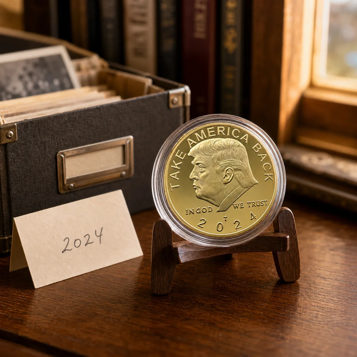 Trump 2024 campaign coin displayed in its clear case on a walnut stand beside a dated collection card