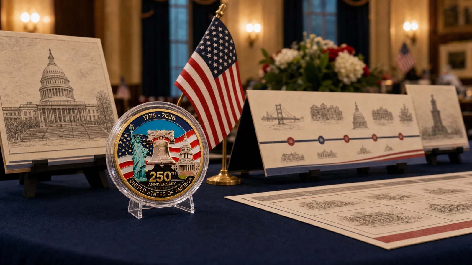 United States 250th Anniversary coin on a history night display table with a flag and timeline cards