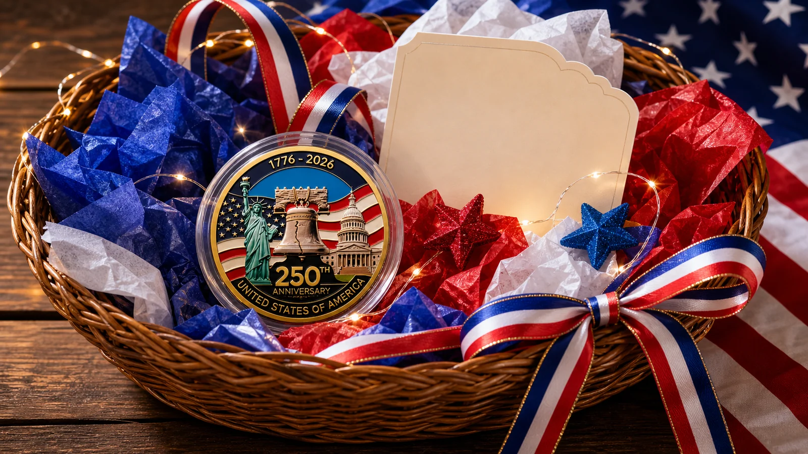 United States 250th Anniversary coin in a patriotic gift basket with ribbon, tissue, and small lights