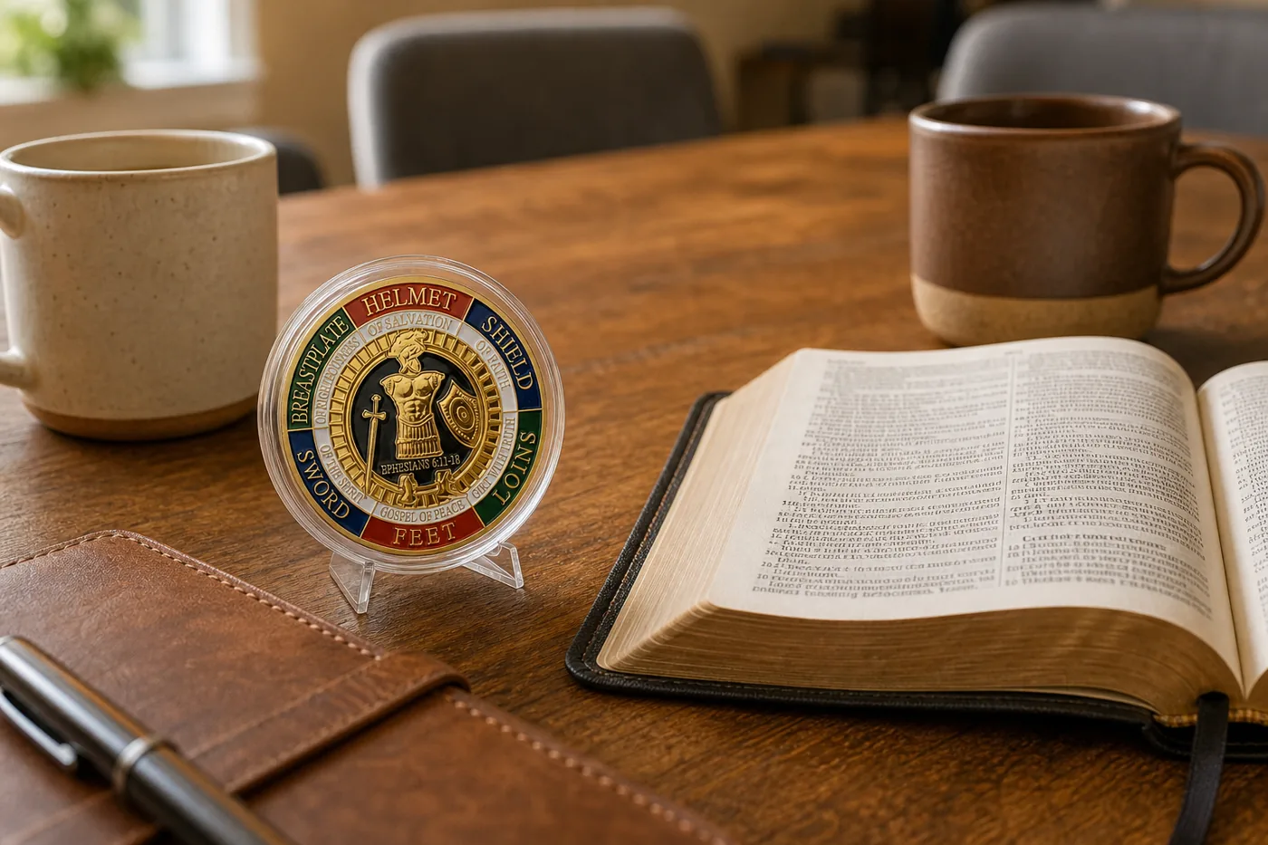 Solemnity Armor of God coin displayed beside an open Bible and notebook at a small-group table
